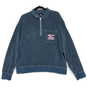 Brain Dead Pullover Mens L Blue Terry Cloth Quarter Zip Effects Patch Resort